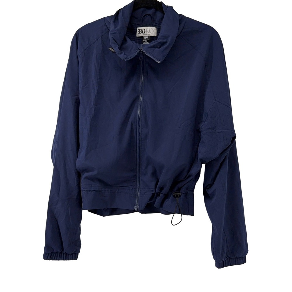 BEACHRIOT Full Zip Windbreaker Jacket Navy Blue Hooded L Drawstring Hem